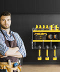 Wall Mounted Power Tool Organizer For Home Garage Storage Space Saving Metal Tool Rack With Cordless Drill Holder Heavy Duty Steel Shelf Black And Yellow Modern Design Keeps Your Gear On Deck And Your Garage Neat.