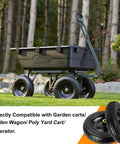 Thirteen Inch Flat Free Wheels Replacement for Garden Carts and Hand Trucks Four Point Zero Zero To Six Solid Tires installed on garden cart