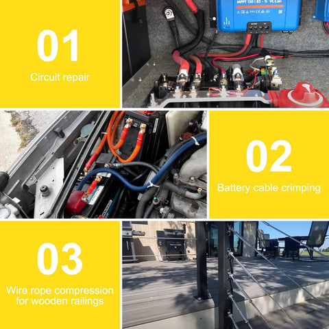 Uses of hydraulic crimping tool: circuit repair, battery cable crimping, and wire rope compression for wooden railings.