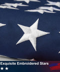 Close-up of Outdoor 3x5 Ft American Flag With Tearproof Fade Resistant Spun Polyester Embroidered Stars, stars detail visible