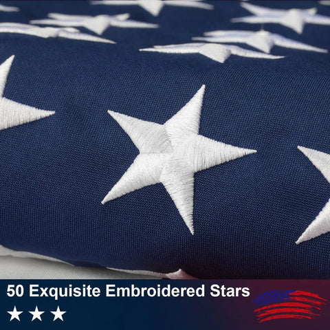 Close-up of Outdoor 3x5 Ft American Flag With Tearproof Fade Resistant Spun Polyester Embroidered Stars, stars detail visible
