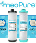 neoPure NP-KW1 and NP-KWGN carbon block filters with labels on turquoise and white background.
