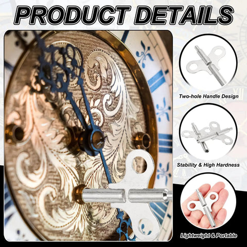 Double Ended Clock Key Set, 3 Pcs Winding Keys for Mechanical Clocks shown against an ornate clock face