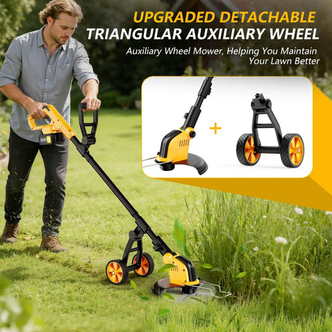 Person using Electric Cordless Weed Wacker With Wheel Kit 800W Brushless Motor 20,000 RPM 12 Inch Cutting Path 4 In 1 Tool
