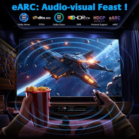Badass 8K HDMI Fiber Optic Cable 50FT 15M Extended Range Unidirectional Link Ultra High Speed 48Gbps For Projectors And Gaming Rigs with popcorn and a remote in a home theater.