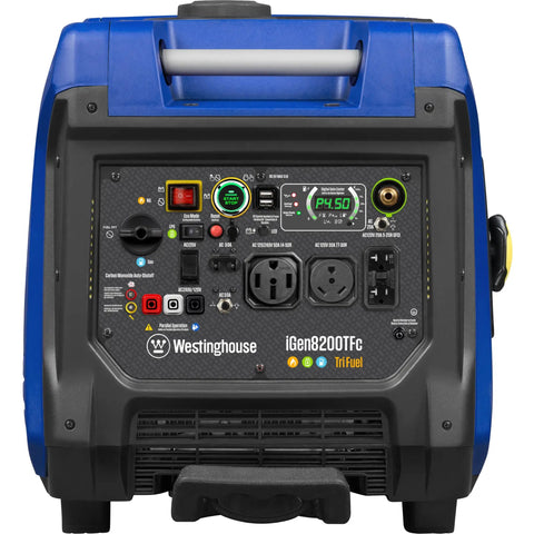 Front view of Tri Fuel Portable Inverter Generator With Remote Start And Transfer Switch Ready, featuring control panel and connectors