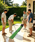 Group using Indoor Putting Green Mat For Home Office Backyard Practice With Uphill Putts And Auto Ball Return on patio