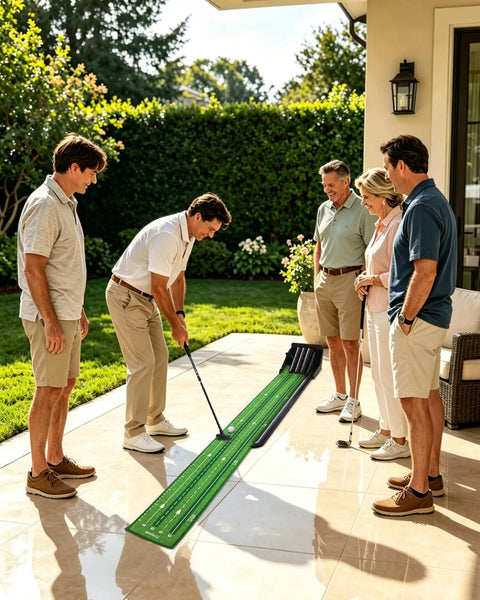 Group using Indoor Putting Green Mat For Home Office Backyard Practice With Uphill Putts And Auto Ball Return on patio