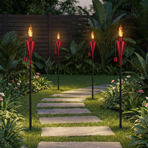 55 Inch Outdoor Oil Torch Lamps 2 Pack In Rose Gold, Rustproof Stainless Steel Citronella Torches illuminating a garden path at night.