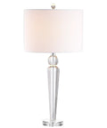 Crystal Clear Table Lamp In Modern Glam Style With White Linen Drum Shade, Sleek Chrome Finish, LED Bulb Included, ETL Listed For 120V Safety, 28.5 Inch Tall Column Lamp That Brings A Lit Vibe To Your Living Room, Bedroom, Or Nightstand displayed