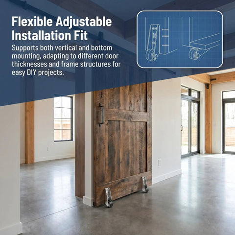 Built Tough Vertical Track Roller Wheels For Barn Doors And Cabinets Zero Wiggle Bottom Slide Guides With Rubber Treads keeping heavy doors stable indoors.