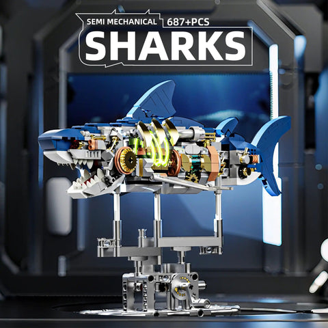 687 Piece Dope Mechanical Shark Building Set With LED Light And Movable Gear System Display Stand, Ocean Themed Building Block Toy For Adults Teens And Kids Age 12 And Up