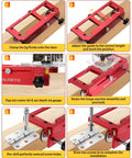 Shop Tough All In One Door Hinge Jig And Router Template Kit showing clamp setup and adjustment for accurate mortise routing.