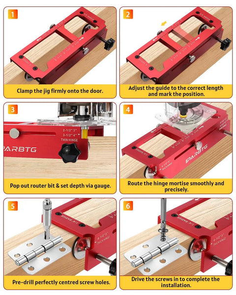 Shop Tough All In One Door Hinge Jig And Router Template Kit showing clamp setup and adjustment for accurate mortise routing.