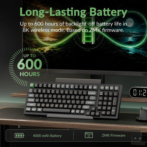 Slick Wireless Mechanical Keyboard With Numeric Keypad Featuring 8000Hz Polling Rate And Rock Solid Pbt Keycaps For Legit Smooth Typing Experience And Vivid RGB Lighting On A Compact Layout Designed For Heavy Gamers And Creative Professionals on desk showcasing 600 hours battery life.