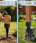 4x4 Fence Post Ground Spike Anchor Pack installed on ground and concrete foundations, showing black powder coated finish.