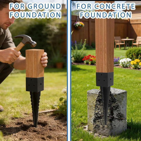 4x4 Fence Post Ground Spike Anchor Pack installed on ground and concrete foundations, showing black powder coated finish.