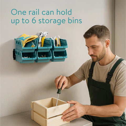 Interlocking Plastic Storage Bins Set With Wall Mounted Rails For Screws Nails Small Tool Parts In The Workshop Garage Drawer Organizer