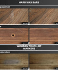 Before and after using Boss Level Vinyl Floor Repair Kit with Heat Pen showing deep scratches, holes, and discoloration on wood.