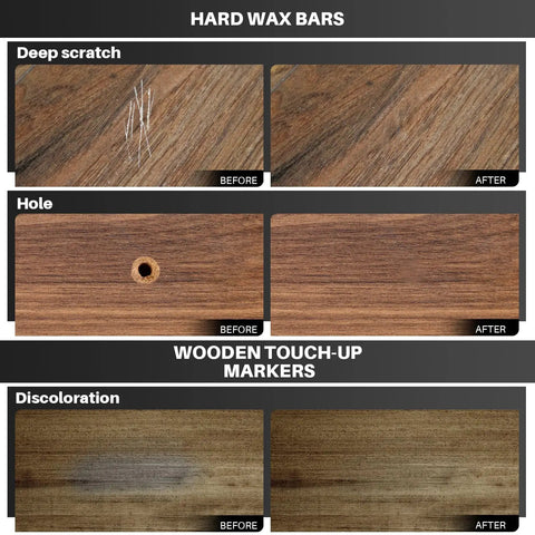 Before and after using Boss Level Vinyl Floor Repair Kit with Heat Pen showing deep scratches, holes, and discoloration on wood.