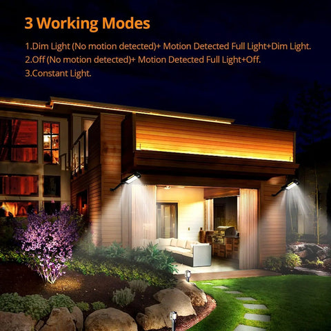 Outdoor Solar Flood Lights 48 LED Cordless Waterproof With Motion Sensor Adjustable Vertical 120 Degrees And Horizontal 180 Degrees Angles Security Lighting For Deck Fence Patio Front Door Yard Shed Path 4 Pack No Fuss Setup illuminating a modern patio.