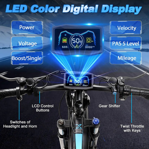 LED color digital display on Badass 9000W Dual Motor Electric Bike For Adults showing speed and control features.