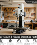 Precision Heavy Duty Benchtop Mill And Drill With 1300W Brushless Motor displayed in a workshop, ideal for steel and wood projects.