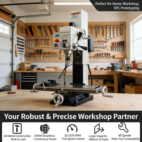 Precision Heavy Duty Benchtop Mill And Drill With 1300W Brushless Motor displayed in a workshop, ideal for steel and wood projects.