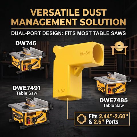 Heavy Duty Table Saw Dust Collection Adapter With Universal Hose Connector, yellow adapter with dual-port design, fits most table saws.