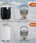 Before and after using a Propane Tank Warmer Blanket With Temperature Controller And Timer For Outdoor Use in snow.