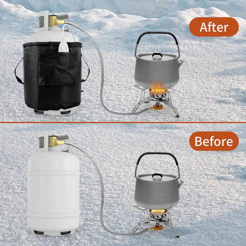 Before and after using a Propane Tank Warmer Blanket With Temperature Controller And Timer For Outdoor Use in snow.