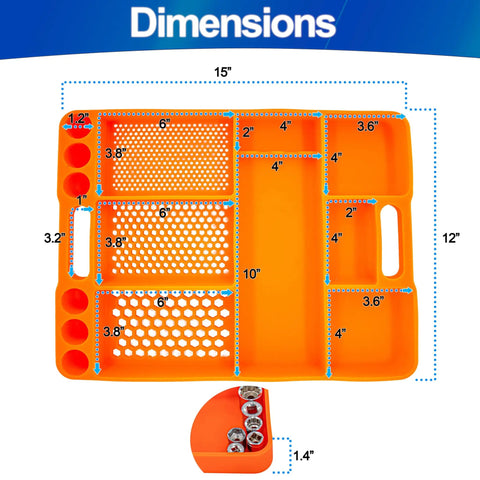 Heavy Duty Silicone Tool Tray Organizer With Non Slip Grip Flexible Heat Resistant Surface Easy To Clean Holds Sockets Screws Bolts Bits And More A Must Have Workshop Storage Mat, orange, 15x12 inches with compartments.