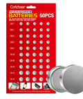Premium Assorted Alkaline Button Cell Batteries For Watches 50 Piece Mixed Lr44 Ag1 Ag3 Ag4 Ag10 Watch Replacement Pack Zero Mercury on display.