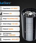Close-up of 161-193 Uf Motor Start Capacitor 125 VAC For Single Phase Pool Pump Or Well Pump CD60, showing specifications