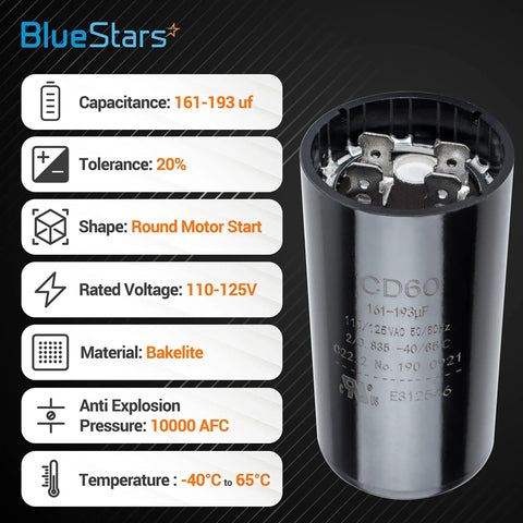 Close-up of 161-193 Uf Motor Start Capacitor 125 VAC For Single Phase Pool Pump Or Well Pump CD60, showing specifications