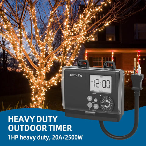 Hassle Free Digital Outdoor Timer Rock Solid Weatherproof Build Features Slick Dial Programming Plus Dual Grounded Outlets Made For Pool Pumps Yard Lights And Home Gear with illuminated tree lights.