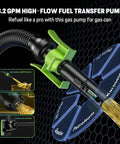 Rechargeable Fuel Transfer Pump With 6000mAh Battery, 3.2 GPM High Speed, showing hose and adapters on hexagonal grid.