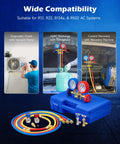 3 Way AC Manifold Gauge Set With 5 Ft Hoses For R12 R134a R502 R22 Systems, Pro Grade, High Accuracy 2.6 Inch Gauges, Includes R134a Couplers, 29 Degree Adapter, Piercing And Self Sealing Can Taps, Complete AC Service Kit. three-way AC manifold gauge set with hoses, couplers, and adapter