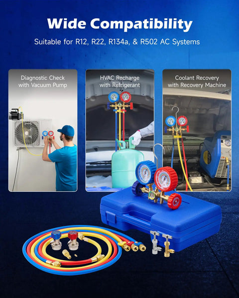 3 Way AC Manifold Gauge Set With 5 Ft Hoses For R12 R134a R502 R22 Systems, Pro Grade, High Accuracy 2.6 Inch Gauges, Includes R134a Couplers, 29 Degree Adapter, Piercing And Self Sealing Can Taps, Complete AC Service Kit. three-way AC manifold gauge set with hoses, couplers, and adapter