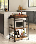 Kickback Ready Three Tier Kitchen Cart With Smooth Rollin Wheels Rustic Brown Multi Purpose Bar Serving Stand Roomy Open Shelves with bottles and microwave.