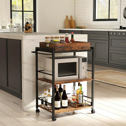 Kickback Ready Three Tier Kitchen Cart With Smooth Rollin Wheels Rustic Brown Multi Purpose Bar Serving Stand Roomy Open Shelves with bottles and microwave.