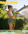 Person using a garden hose sprayer, connected with Six Sets Garden Hose Quick Connectors, 3/4 Inch Plastic Hose Fittings.