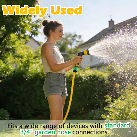Person using a garden hose sprayer, connected with Six Sets Garden Hose Quick Connectors, 3/4 Inch Plastic Hose Fittings.