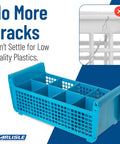 Blue Perma-Sil Polypropylene Flatware Basket For Commercial Kitchens, 8-Compartment Dishwasher Rack Organizer, angled view