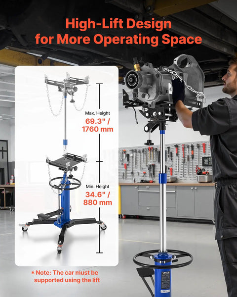 Mechanic using Beefed-Up Hydraulic Transmission Jack, 1660 Lbs Capacity, Telescoping Lift From 34.6 To 69.3 Inches, Blue