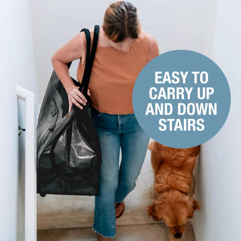 Person carrying 90L Collapsible Rolling Tote With Wheels For Groceries And Laundry up stairs with a dog nearby.