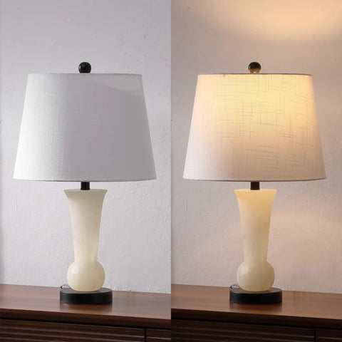 23 Inch Natural Alabaster Table Lamp With Crystal Base Sleek Modern Nightstand Light Featuring White Linen Shade Brass Gold Accents LED Bulb Included The Go To Lighting For Living Room Or Bedroom Energy Efficient Dope Vibe, lit and unlit on wood surface