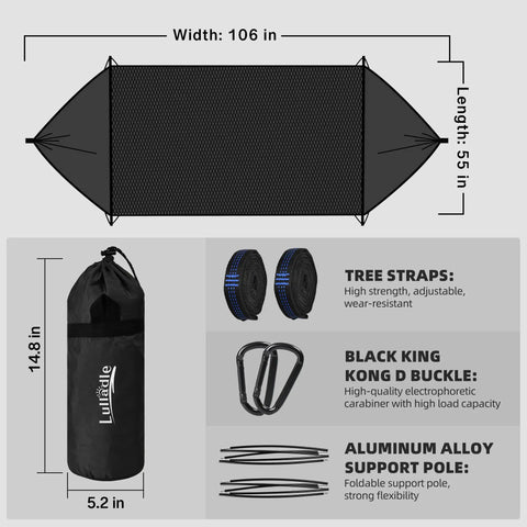 Dimensions and components of Double Or Single Camping Hammock With Mosquito Net And Tree Straps, Lightweight Nylon Hanging Hammock.