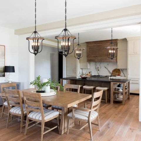Farmhouse 4 Light Cage Chandelier With Black Metal Finish And Faux Wood Rustic Lantern Pendant Light in cozy kitchen