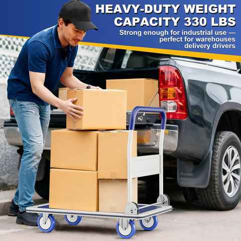 Person loading boxes on Foldable Push Cart Dolly With 330 Lbs Capacity, Heavy Duty Moving Platform Hand Truck On Swivel Wheels